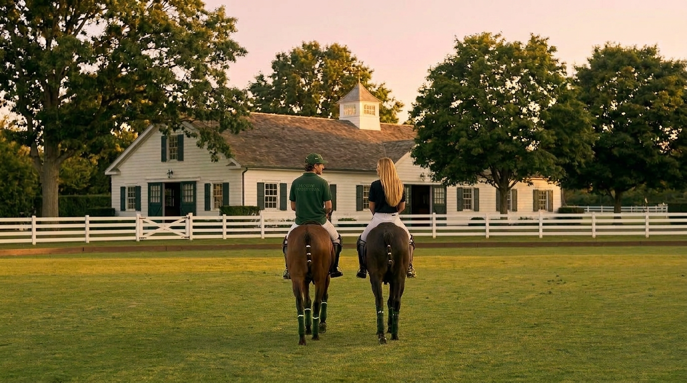 Hamptons white barn at midday with a couple in green sweats having a picnic on the manicured lawn